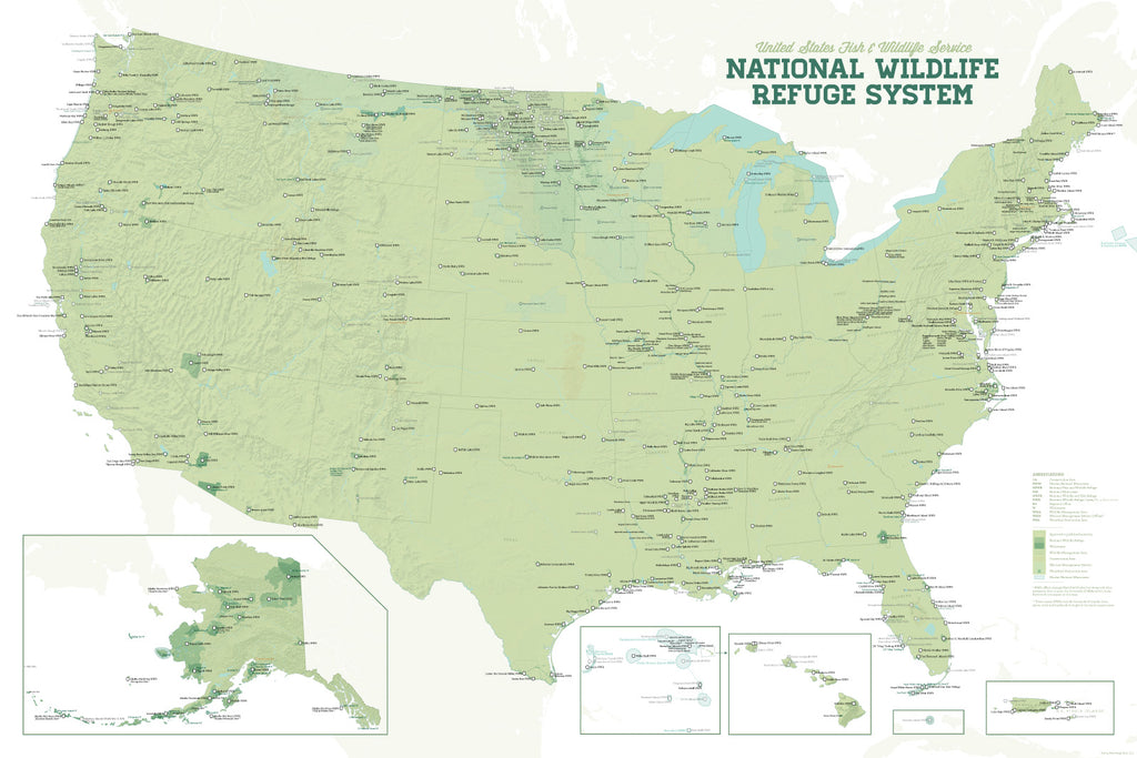 US National Wildlife Refuge System map poster - sage & white