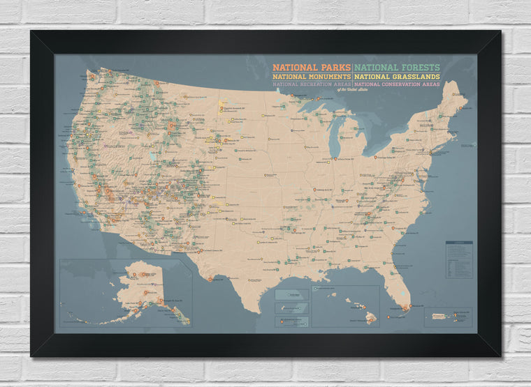 US National Parks, Monuments & Forests Map 24x36 Poster