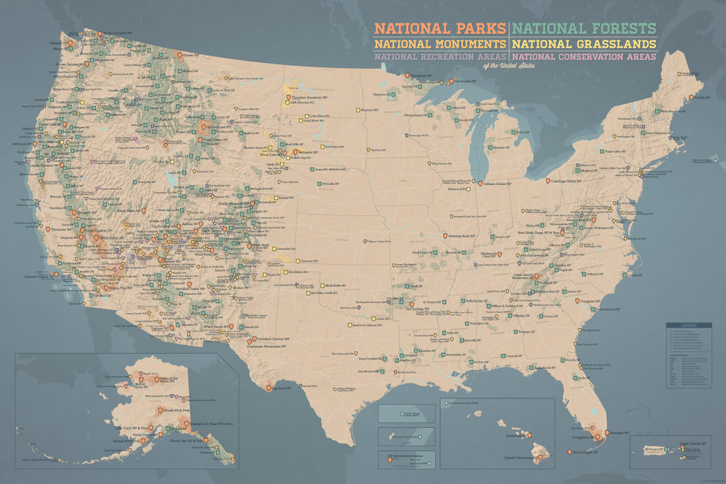 US National Parks, National Monuments & National Forests Map Poster - tan & slate blue