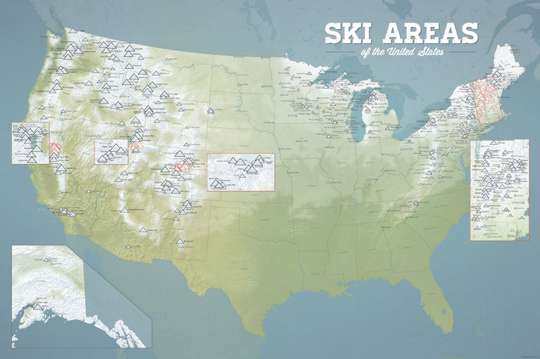USA Ski Areas Resorts Map Poster - natural earth