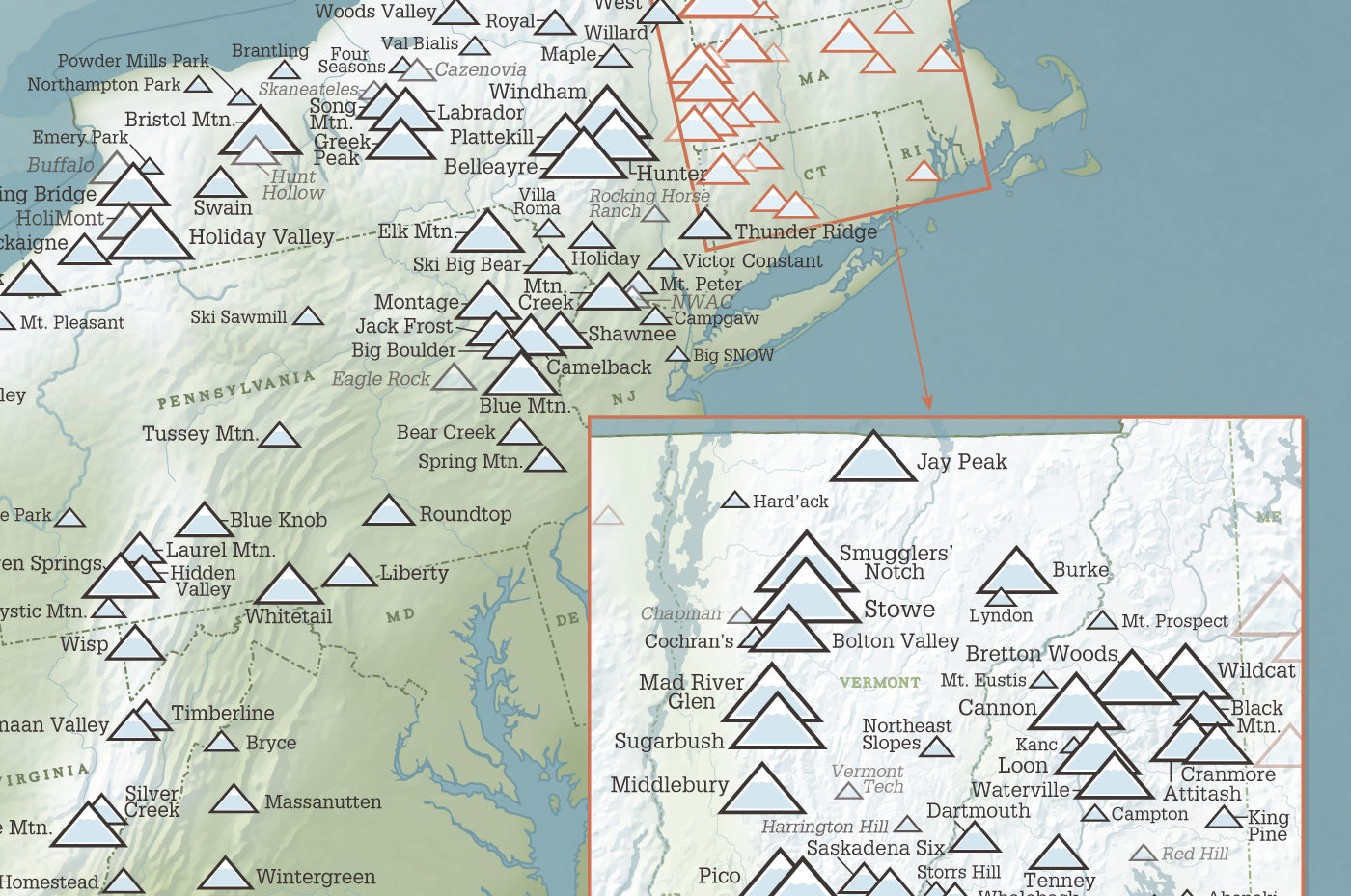 USA Ski Areas Resorts Map Poster - natural earth