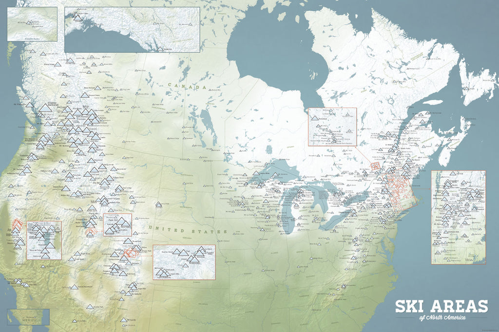North America Ski Areas Resorts map poster - natural earth