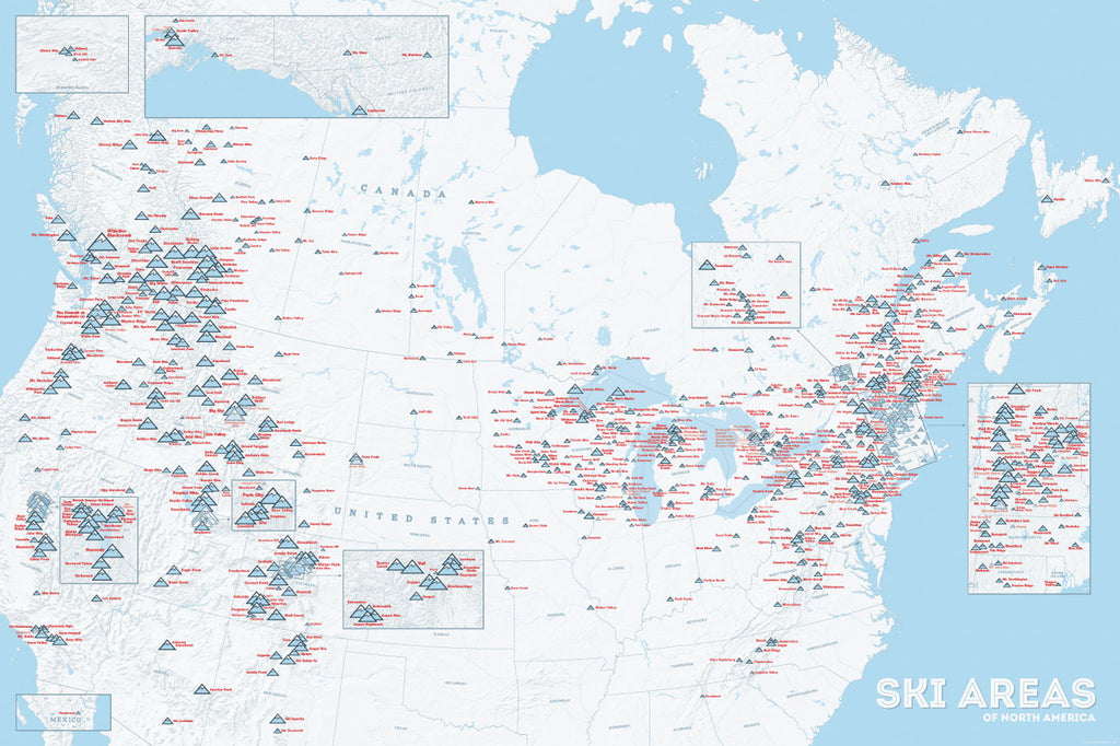 North America Ski Areas Resorts Map Poster - white & light blue