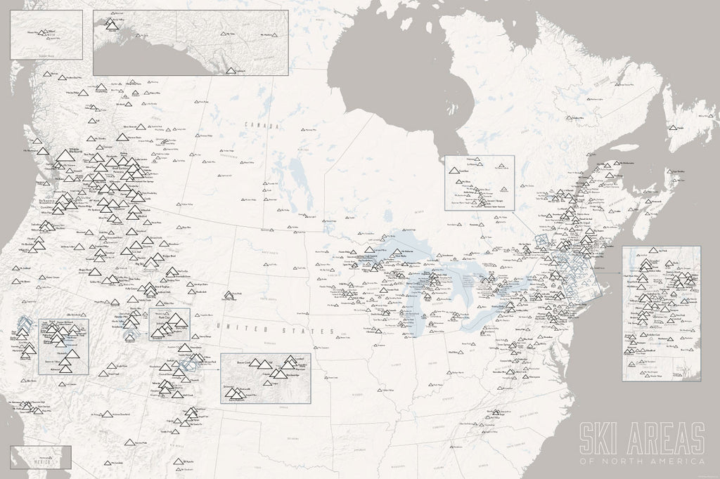 North America Ski Areas Resorts map poster - white & gray