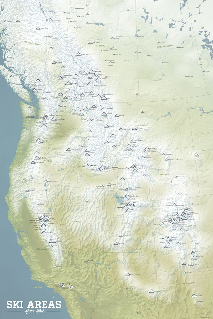 Western Ski Areas Resorts of the West Map Poster - natural earth