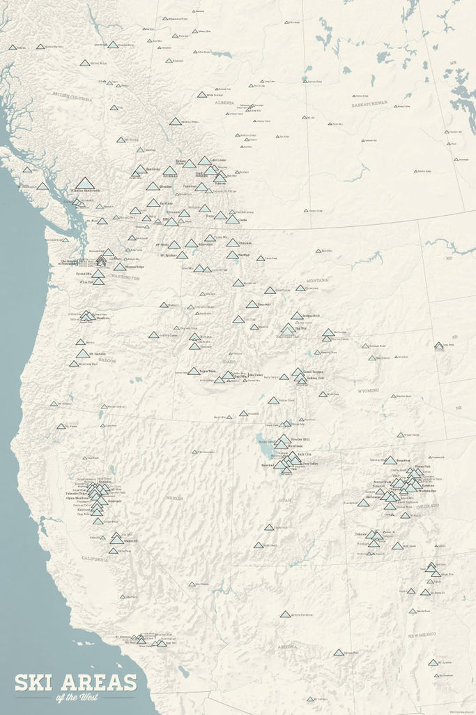 Western Ski Areas Resorts of the West Map Poster - beige & opal blue