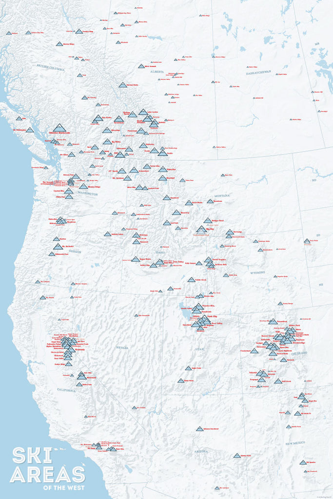Western Ski Areas Resorts of the West Map Poster - white & light blue