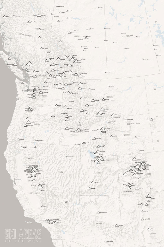 Western Ski Areas Resorts of the West Map Poster - white & gray