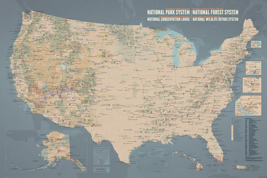 NPS x USFS x BLM x FWS Interagency Federal Lands Map Poster - tan & slate blue