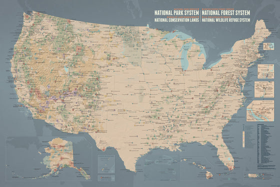 NPS x USFS x BLM x FWS Interagency Federal Land Map Poster - tan & slate blue