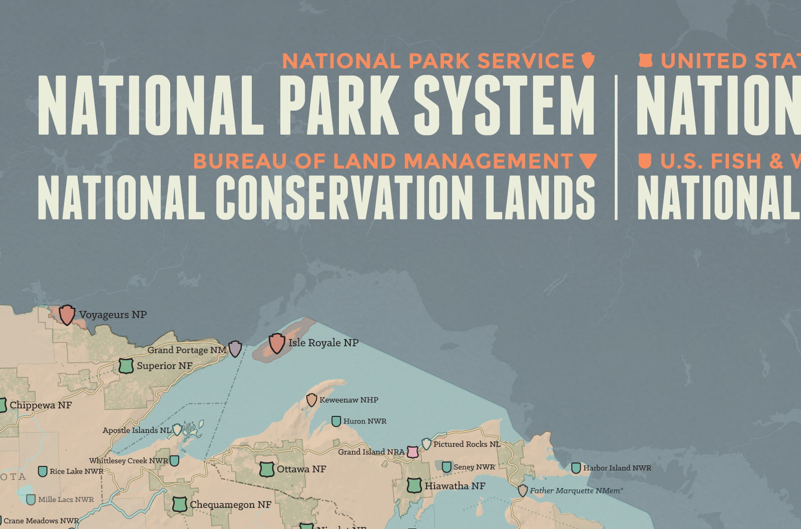 NPS x USFS x BLM x FWS Interagency Map Poster - tan & slate blue
