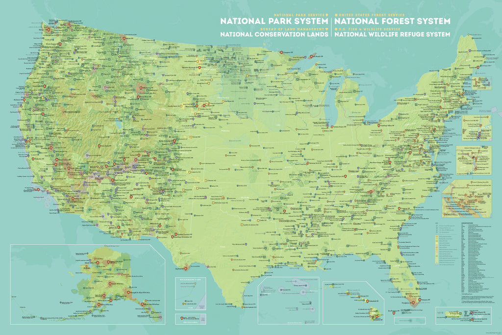NPS x USFS x BLM x FWS Interagency Federal Land Map Poster - green & aqua