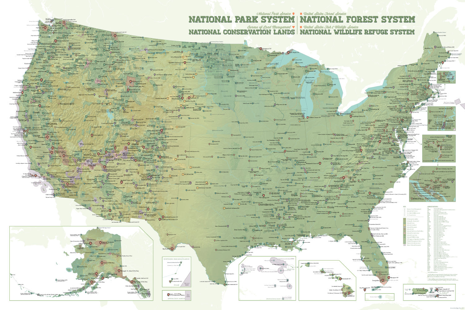 NPS x USFS x BLM x FWS Interagency Federal Lands Map 24x36 Poster ...