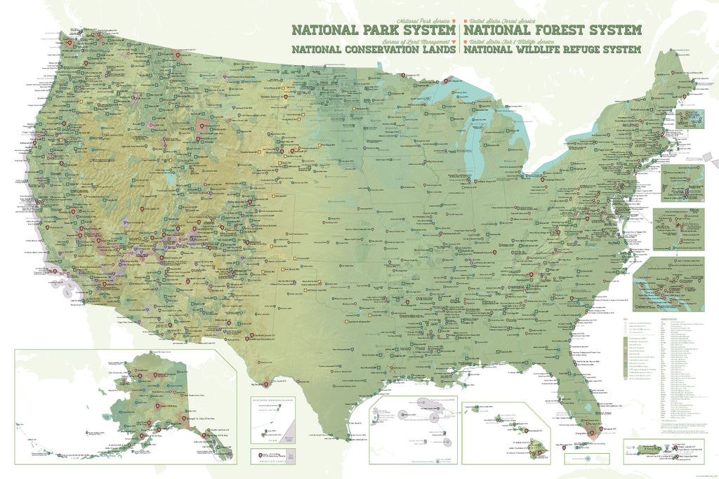 NPS x USFS x BLM x FWS Interagency Federal Lands Map Poster - army green & white
