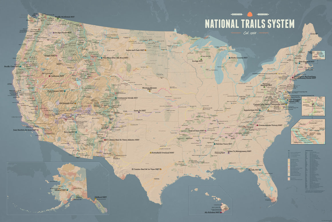 US National Trails System Checklist Map Poster - tan & slate blue