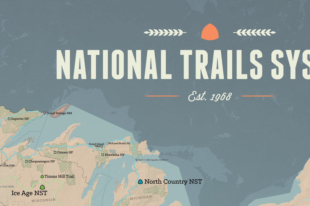 US National Trails System Checklist Map Poster - tan & slate blue