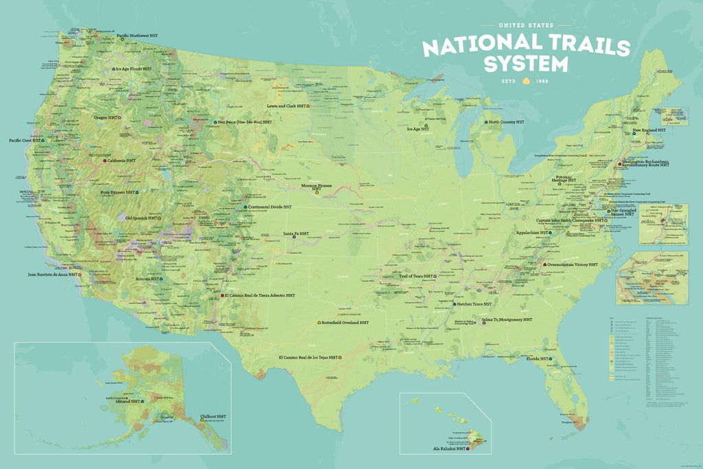 US National Trails System Checklist Map Poster - green & aqua