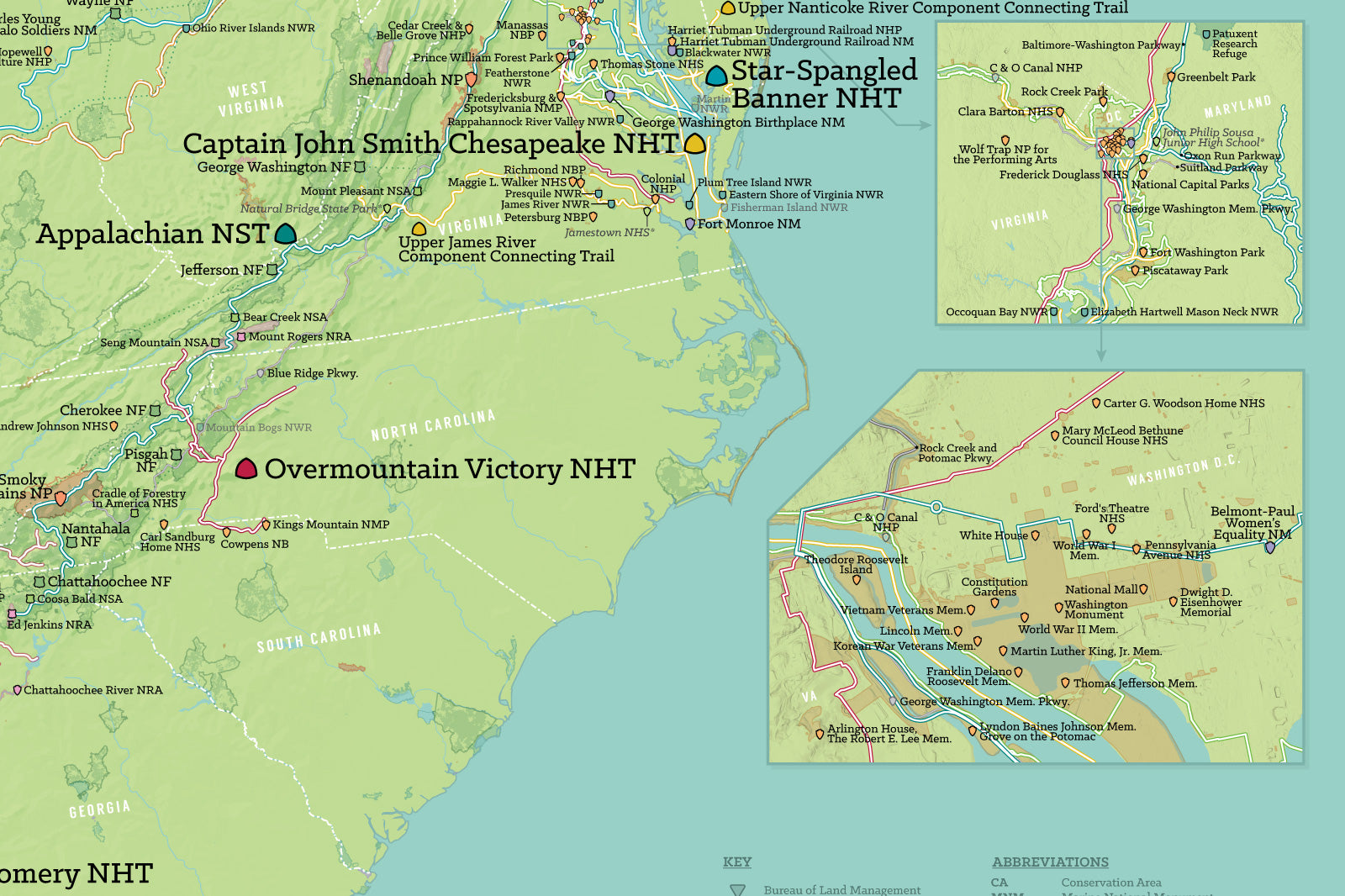 US National Trails System Checklist Map Poster - green & aqua
