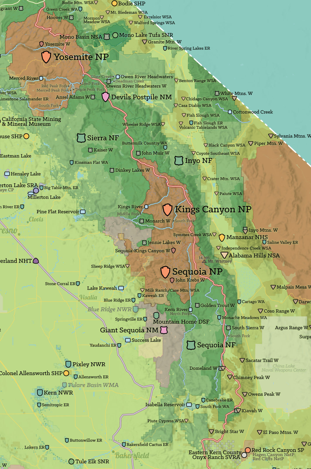 California State Parks & Federal Land Map Poster - green & aqua