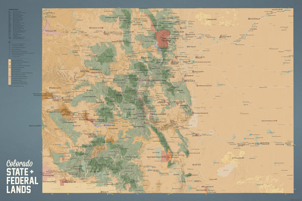 Colorado State Parks & Federal Lands map poster - camel & slate blue