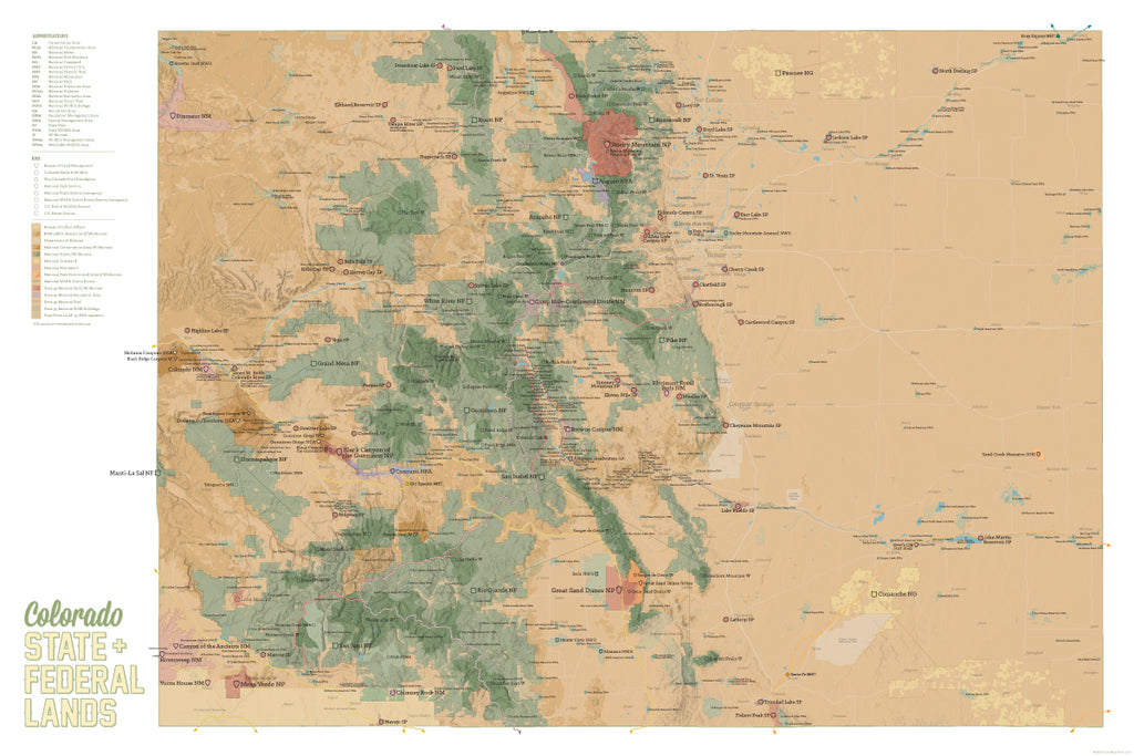 Colorado State Parks & Federal Lands map poster - camel & white