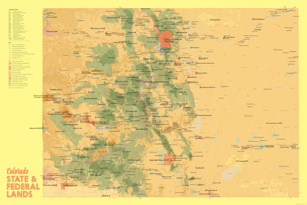 Colorado State Parks & Federal Lands map poster - cream & yellow