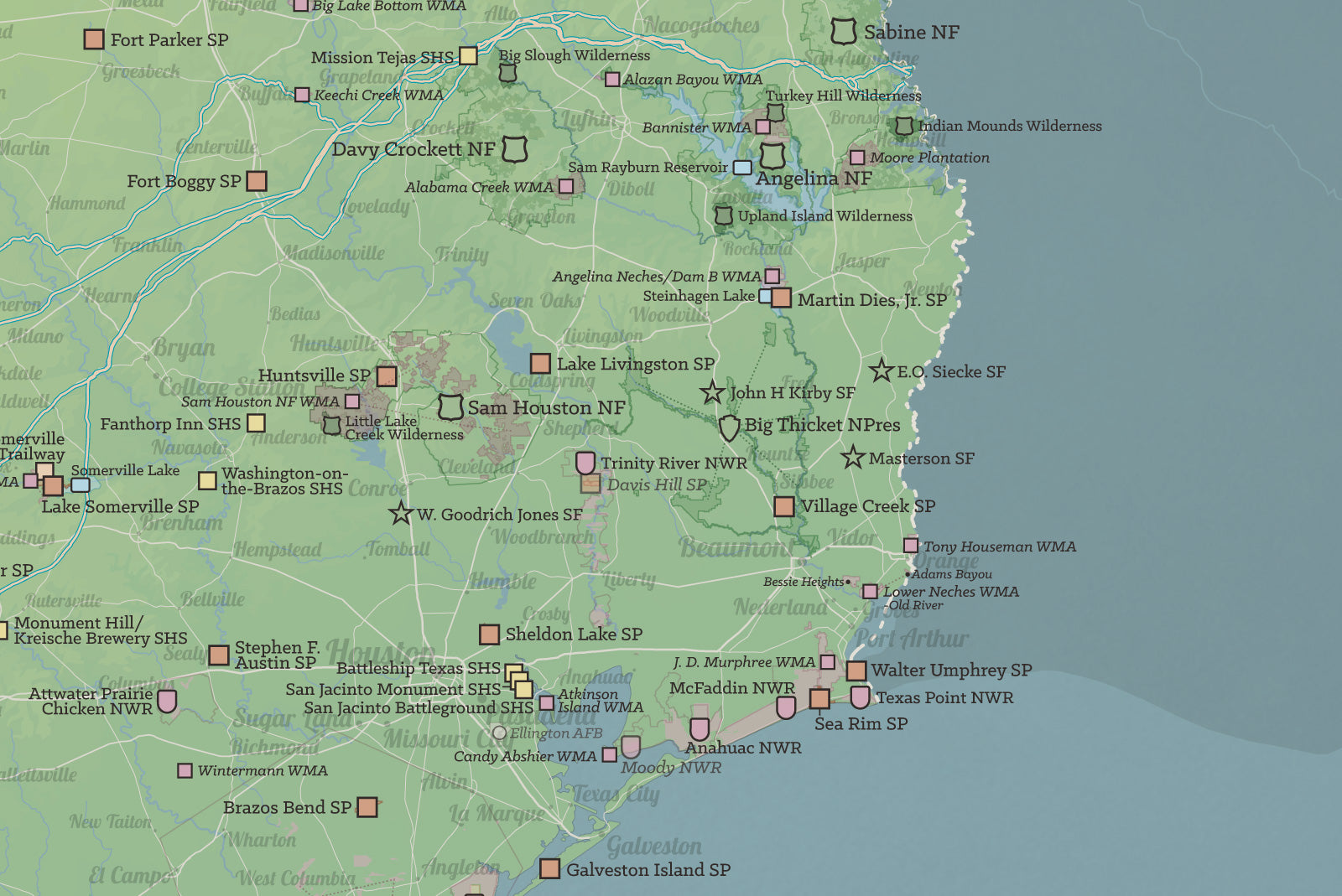 Texas State Parks & Federal Lands Map Poster - natural earth