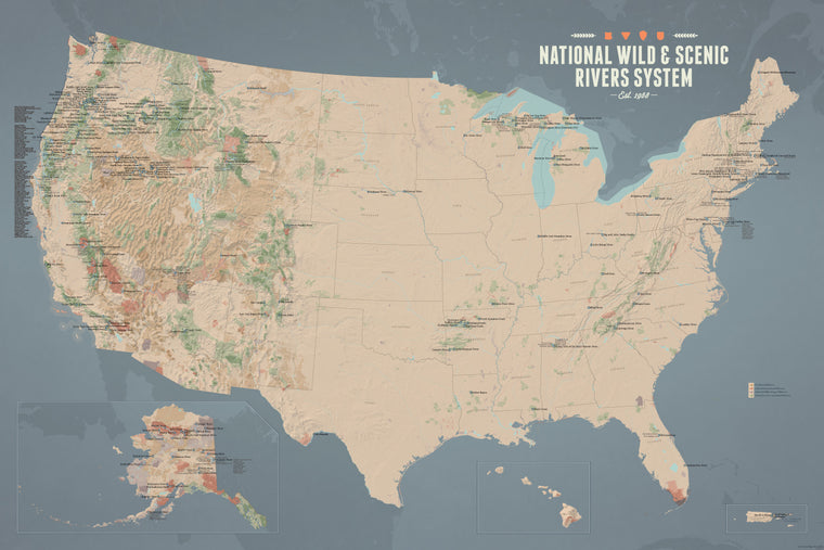 USA National Wild and Scenic Rivers System Map Poster - tan & slate blue
