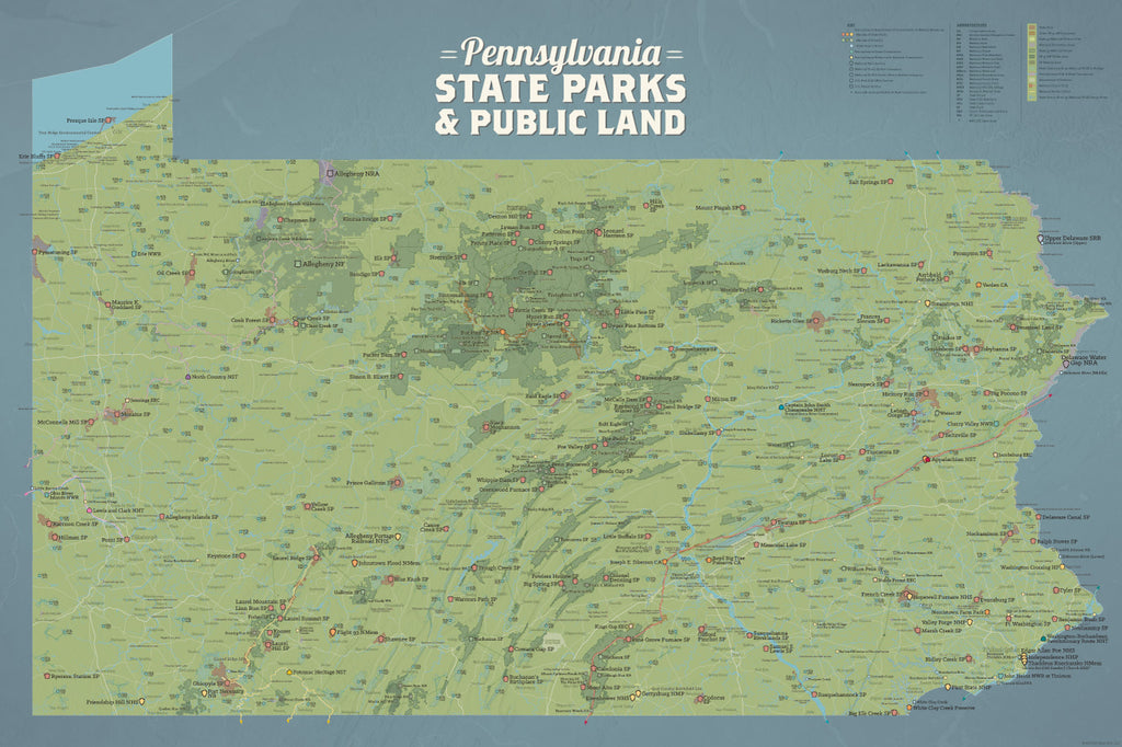 Pennsylvania State Parks, Public Land, Federal/National Lands Map Poster - natural earth