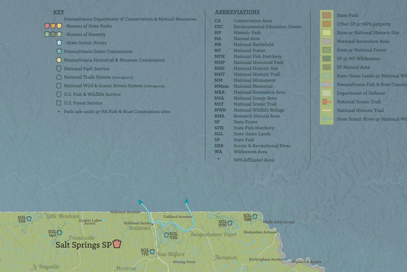 Pennsylvania State Parks, Public Land, Federal/National Lands Map Poster - natural earth