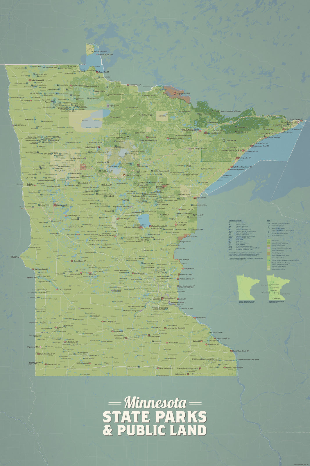 Minnesota State Parks, Federal Lands, Public Land Map Poster - natural earth