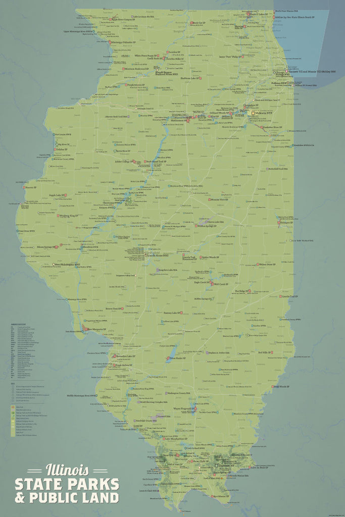 Illinois State Parks, IDNR State Land, Federal Public Lands Map Poster - natural earth