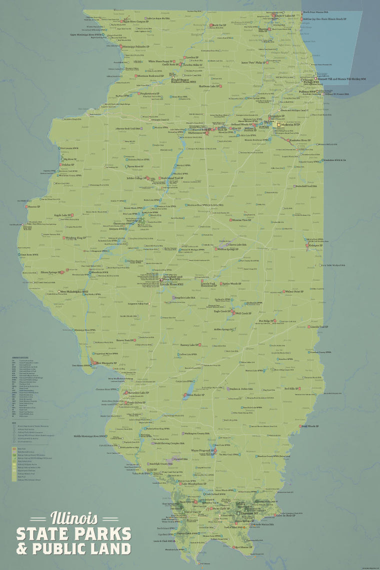 Illinois State Parks, IDNR State Land, Federal Public Lands Map Poster - natural earth
