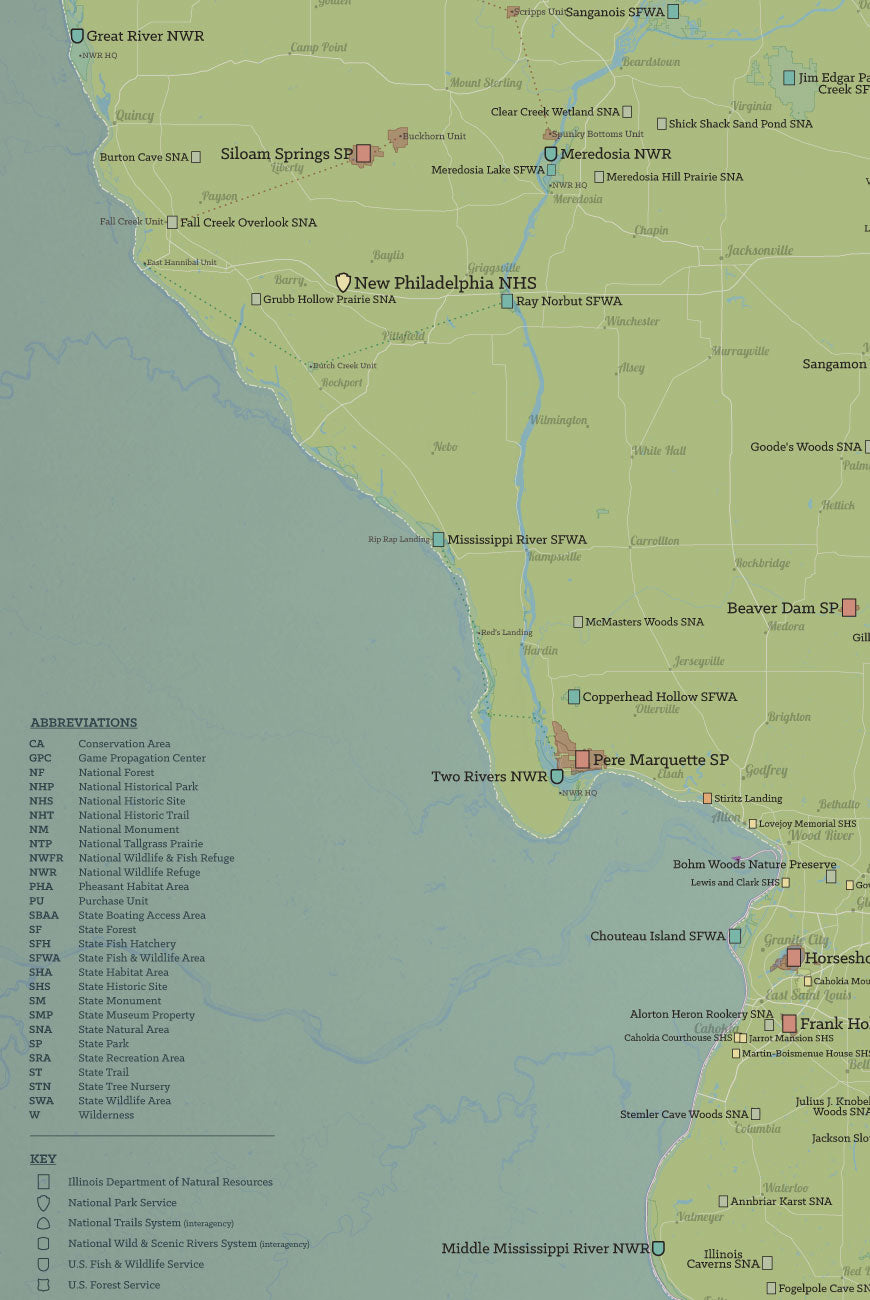 Illinois State Parks, IDNR State Land, Federal Public Lands Map Poster - natural earth