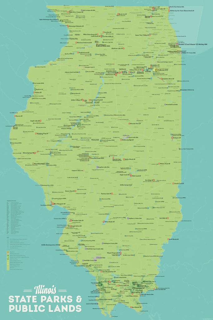 Illinois State Parks, IDNR State Land, Federal Public Lands Map Poster - green & aqua