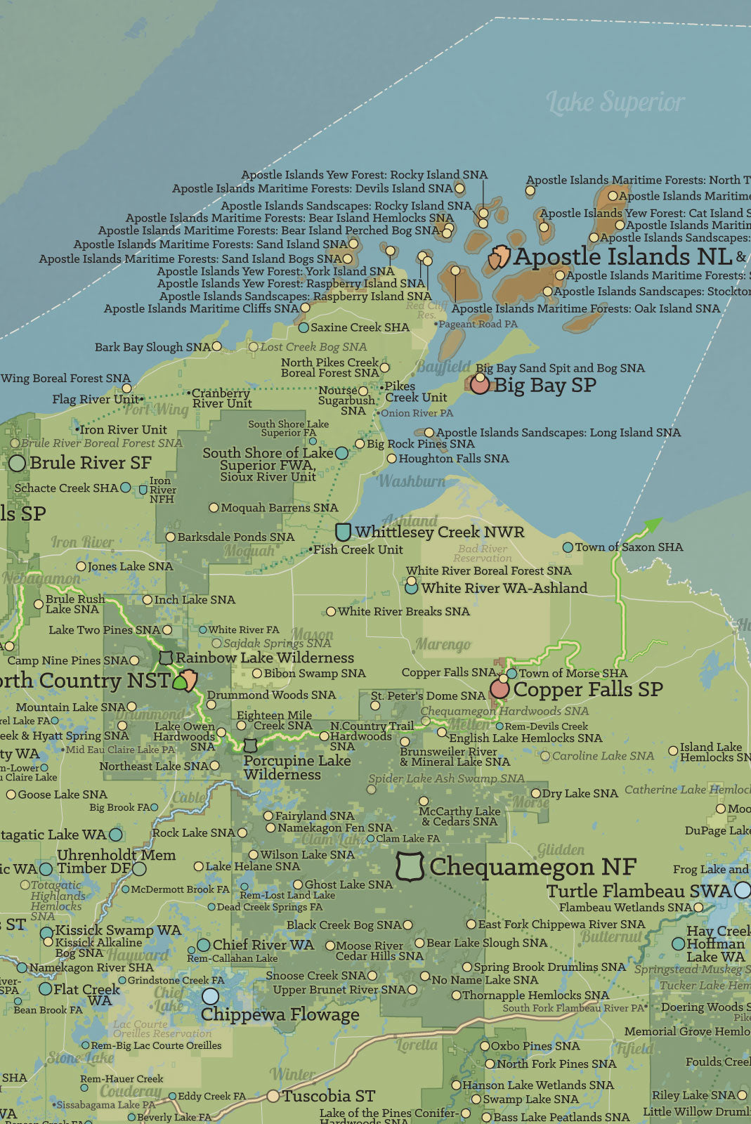 Wisconsin State Parks, DNR State Land, Federal Public Lands Map Poster - natural earth