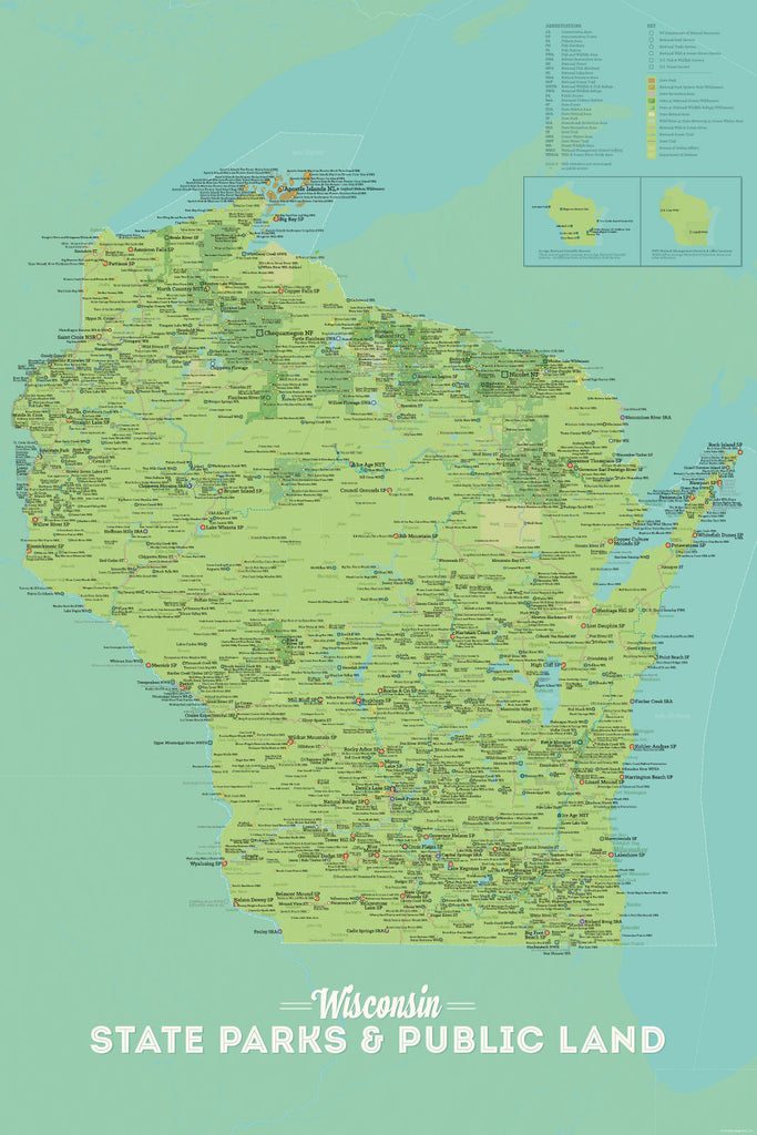 Wisconsin State Parks, DNR State Land, Federal Public Lands Map Poster - green & aqua