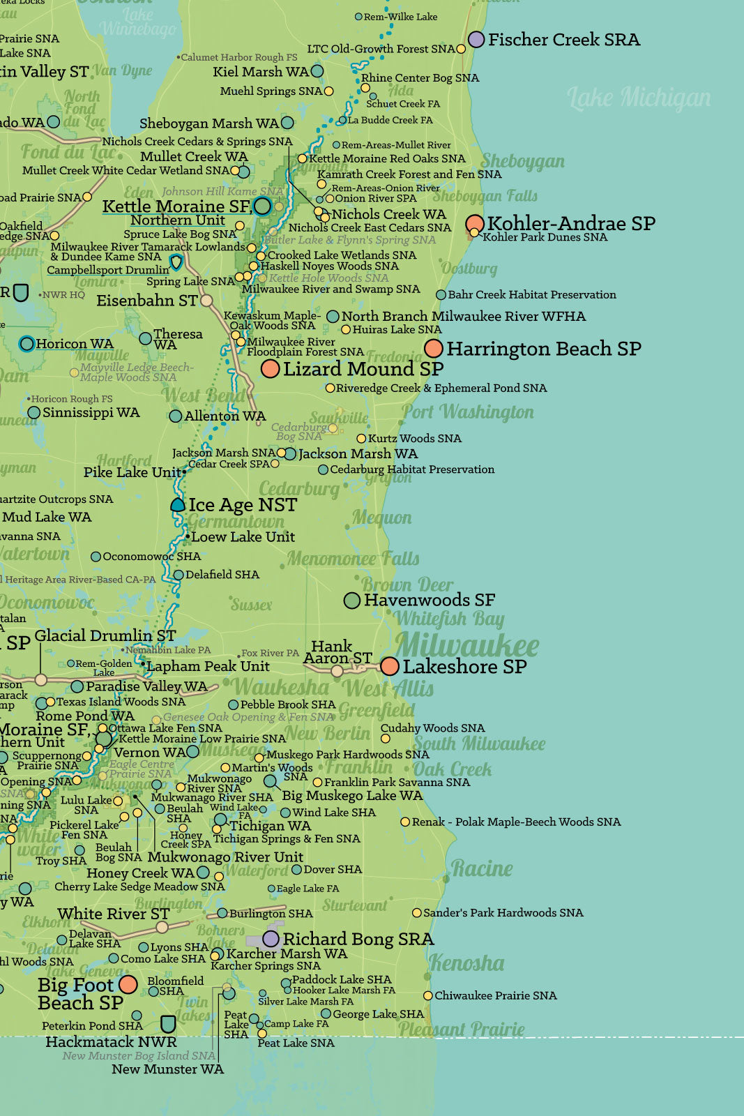 Wisconsin State Parks, DNR State Land, Federal Public Lands Map Poster - green & aqua