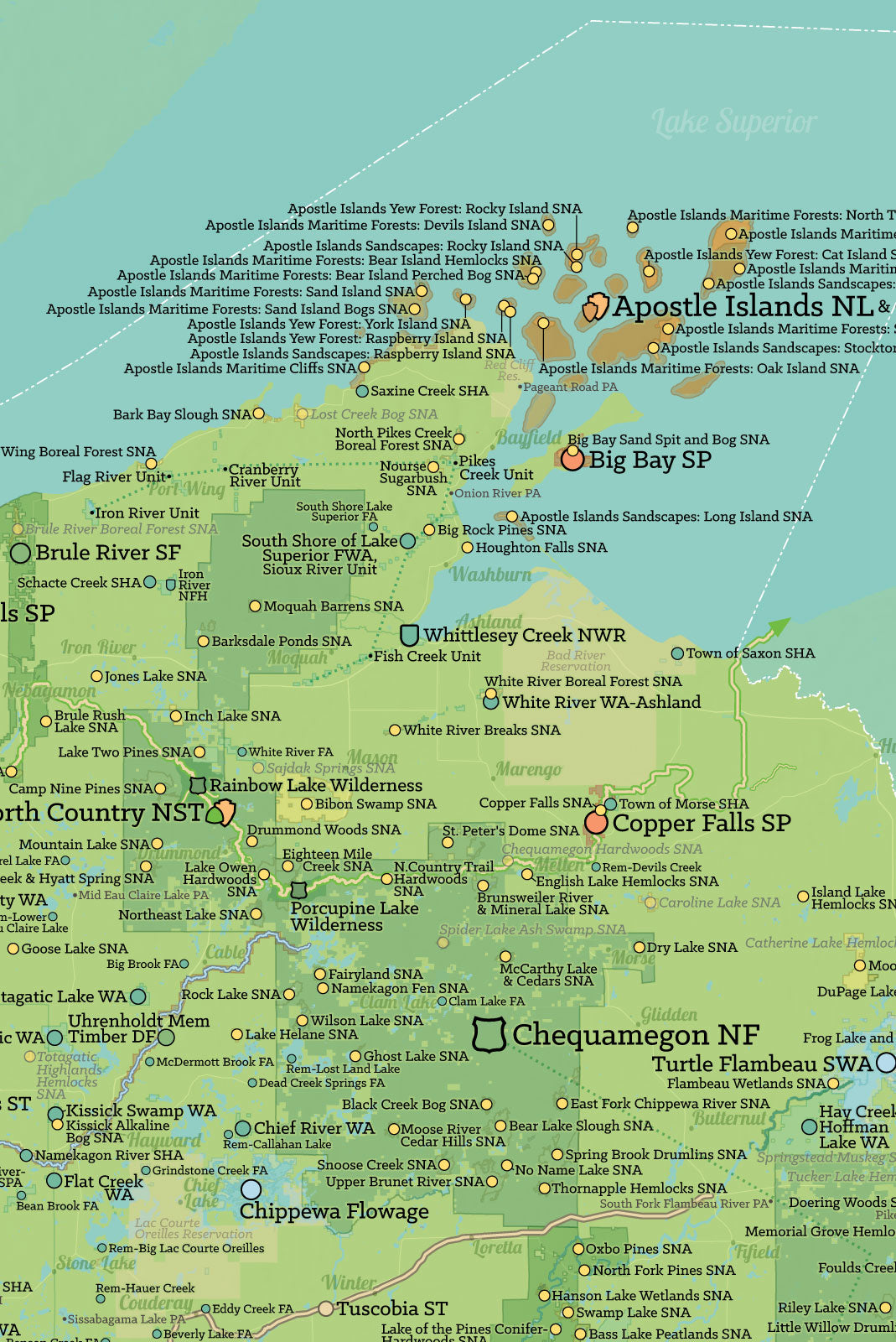 Wisconsin State Parks, DNR State Land, Federal Public Lands Map Poster - green & aqua