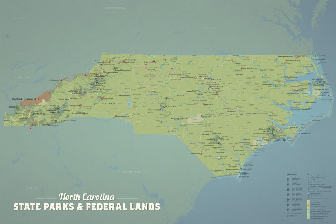 North Carolina State Parks, State Land, Federal Public Lands Map Poster - natural earth