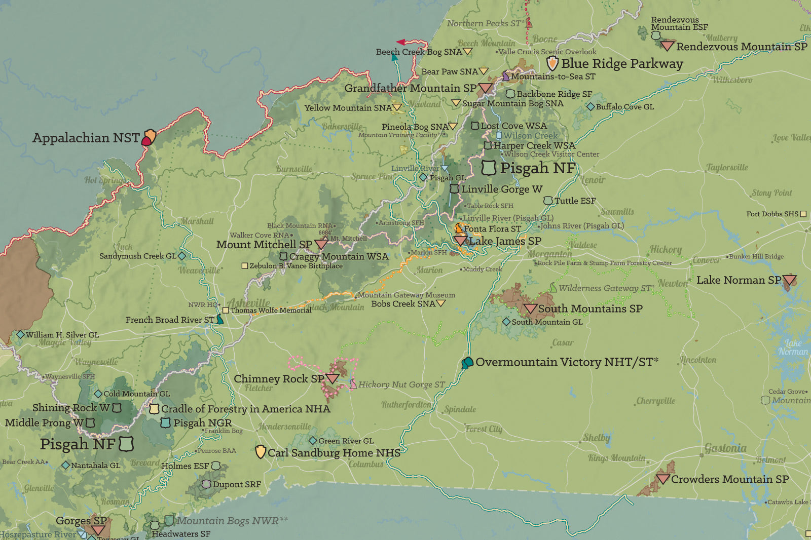 North Carolina State Parks, State Land, Federal Public Lands Map Poster - natural earth