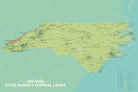 North Carolina State Parks, State Land, Federal Public Lands Map Poster - green & aqua