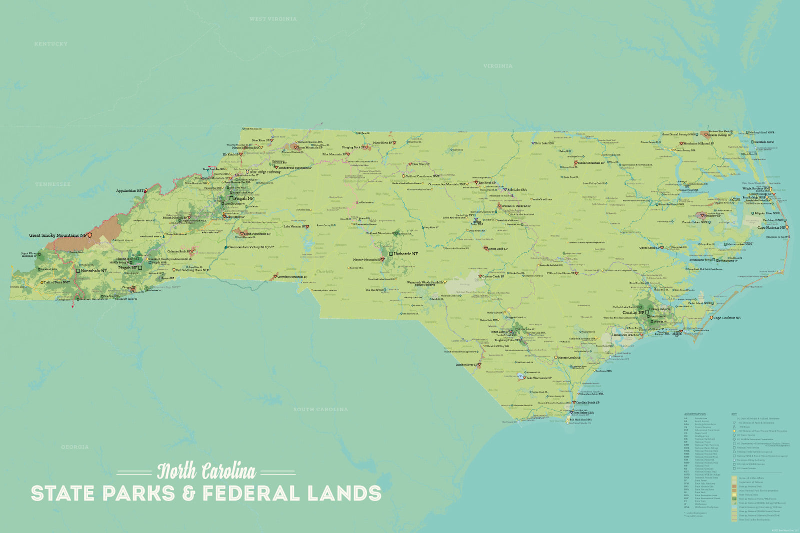 North Carolina State Parks, State Land, Federal Public Lands Map Poster - green & aqua