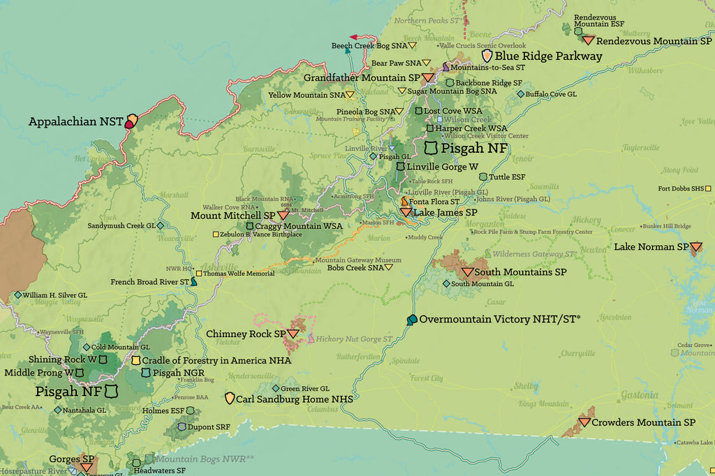 North Carolina State Parks, State Land, Federal Public Lands Map Poster - green & aqua