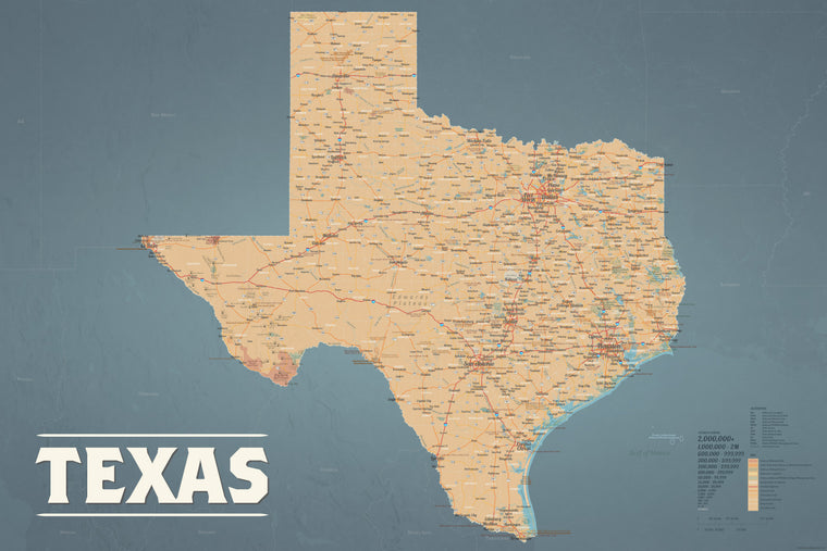 Texas State Wall Map 24x36 Poster - tan & slate blue