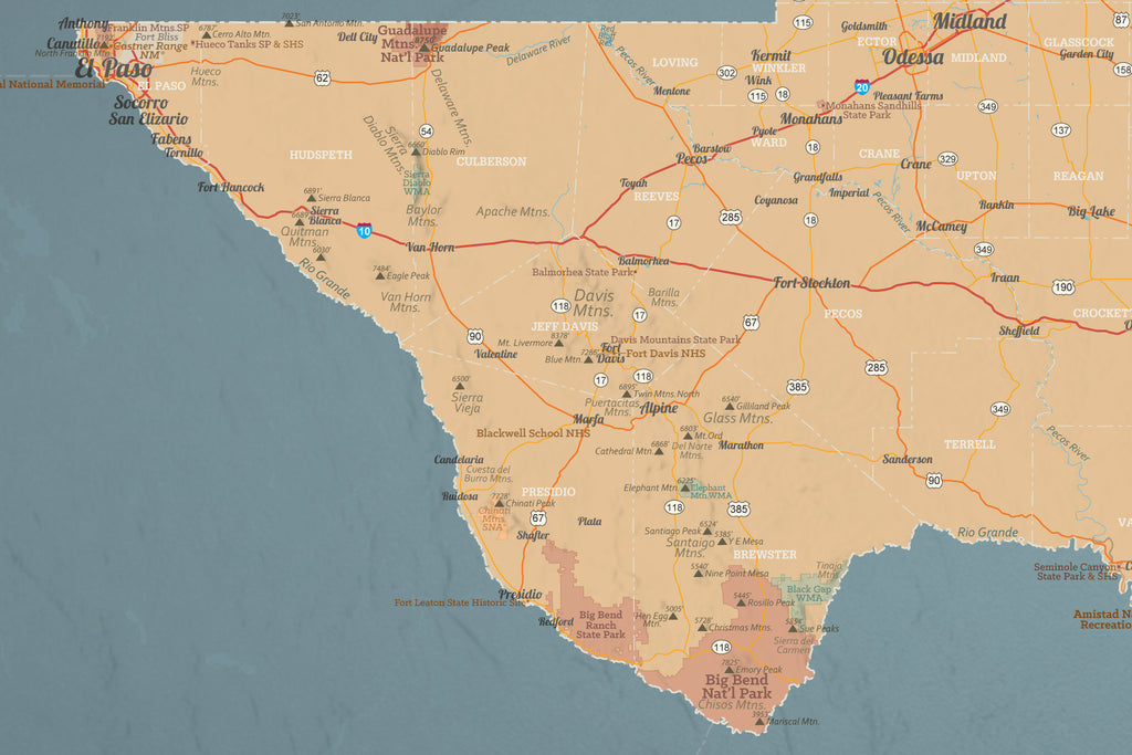 Texas State Wall Map 24x36 Poster - tan & slate blue