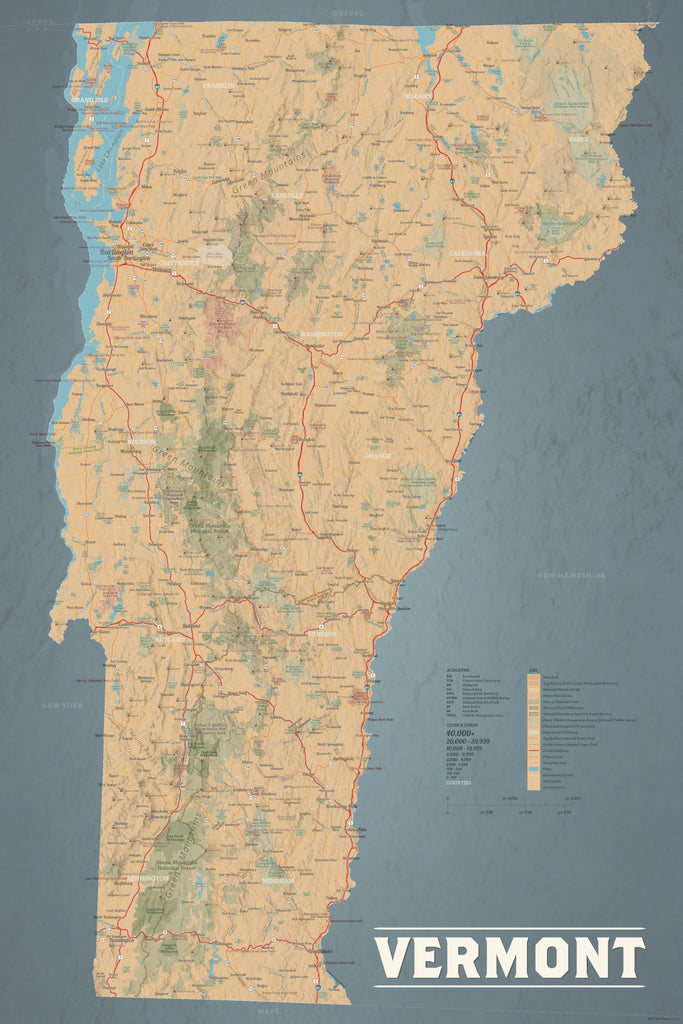 Vermont State Wall Map 24x36 Poster - tan & slate blue