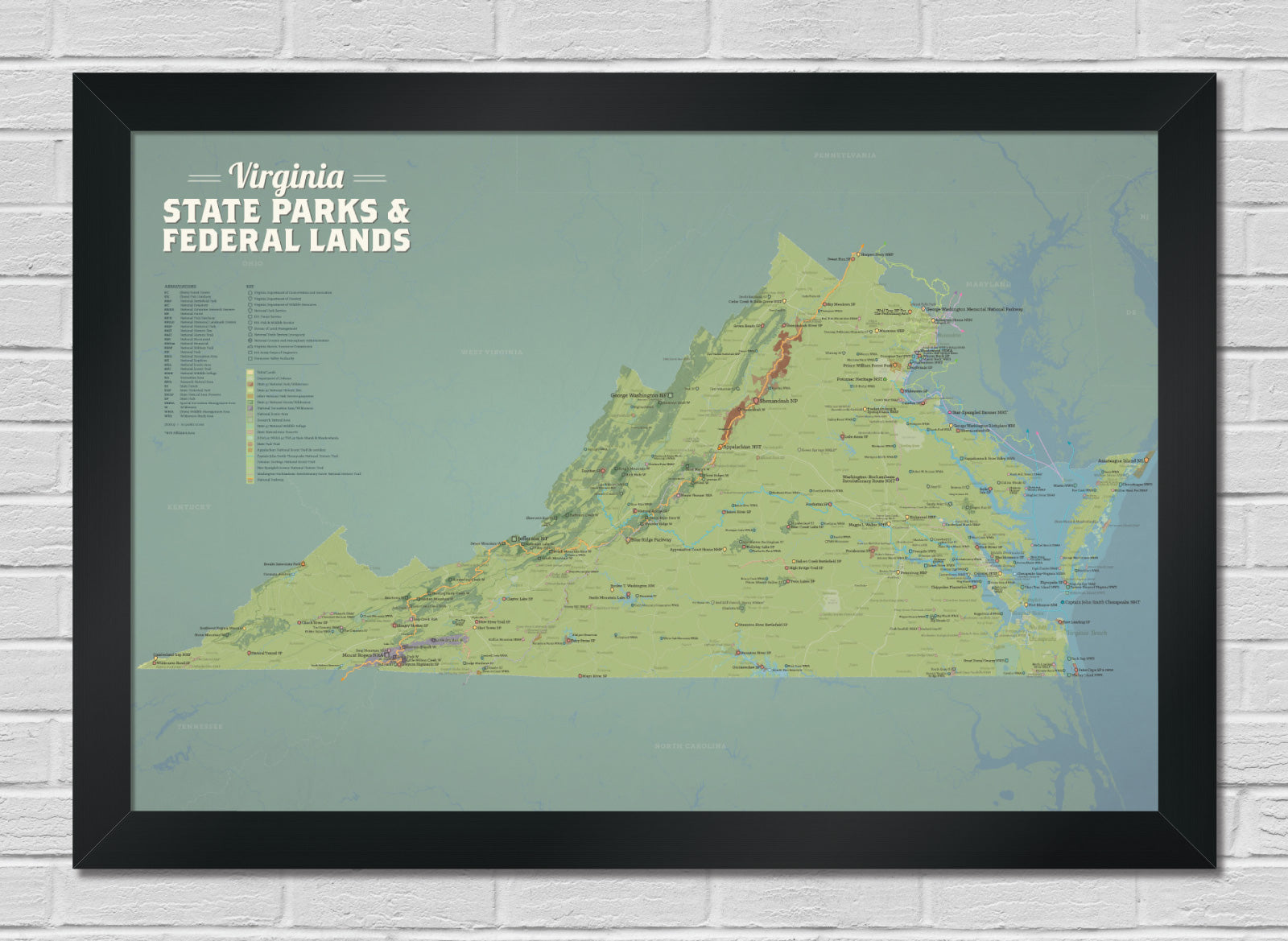 Framed map of Virginia State Parks and Federal Lands