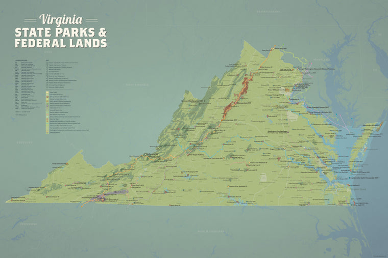 Virginia State Parks, State Land, Federal Public Lands Map Poster - natural earth
