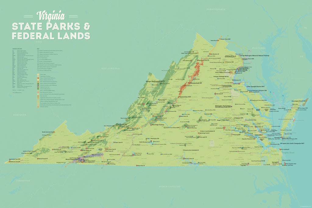 Virginia State Parks, State Land, Federal Public Lands Map Poster - green & aqua